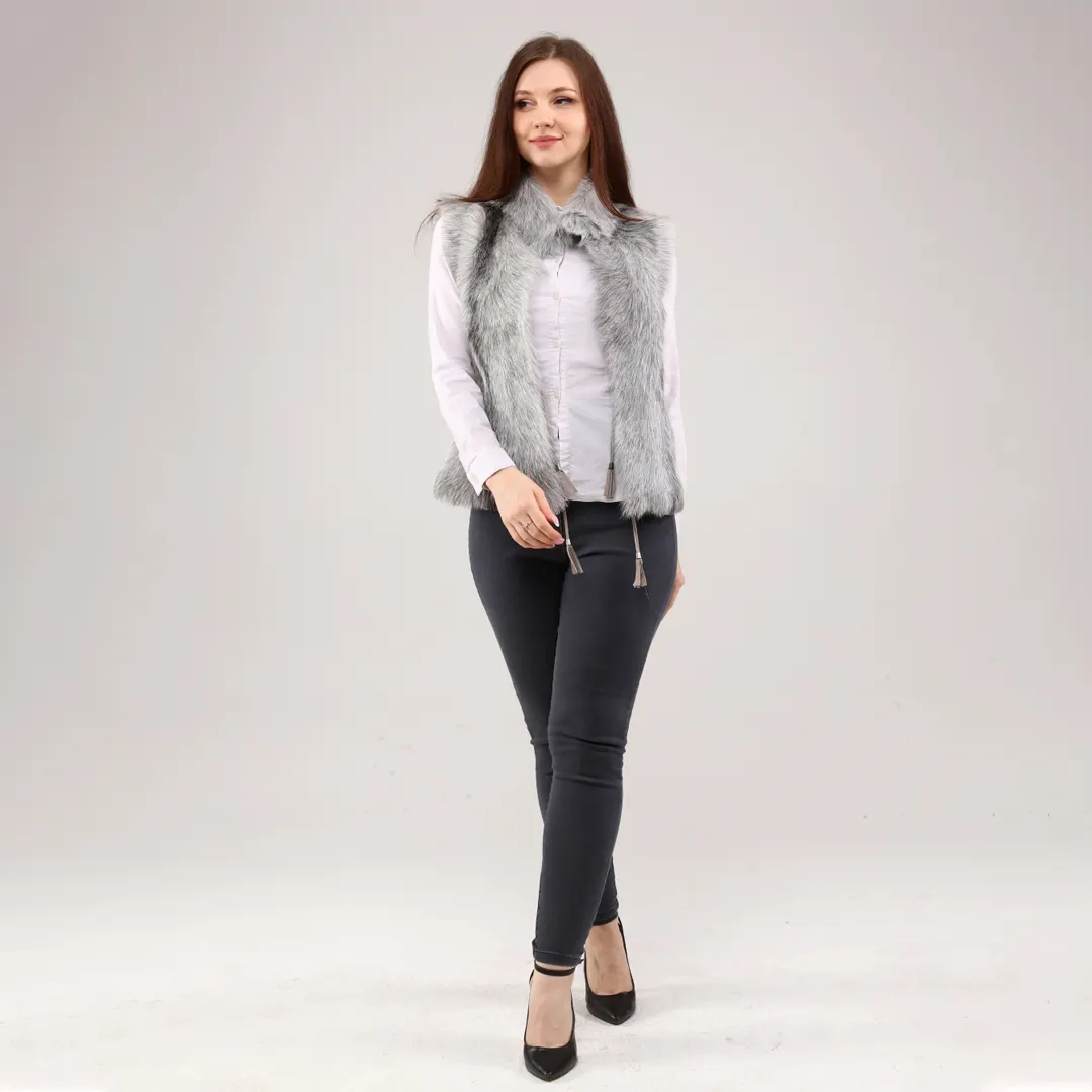 Genuine Leather Light Gray Women's Leather Vest Women's Winter Fur Vest Fashion