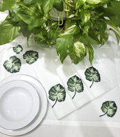 Ensemble de sets de table et serviettes personnalisés en coton blanc brodé feuille de Monstera, ourlet festonné, lavables et réutilisables pour la maison - Vente en gros à prix abordable