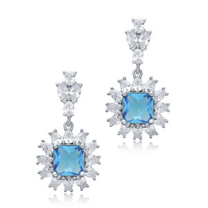 Flower Design Square Aquamarine CZ Stone Handmade Wholesale 925 Sterling <b>Silver</b> <b>Stud</b> Earrings - Product Image 3