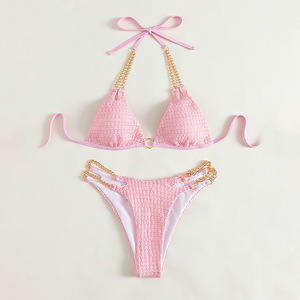 2024 nouveau licou métal anneau sangle chaîne trois points Type Crochet femmes matures Bikinis ensemble - Product Image 2