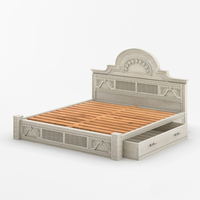 Lit de rangement extensible King Size en teck massif traditionnel avec tête de lit cintrée, 2 tables de chevet, design sculpté à la main, mobilier de maison