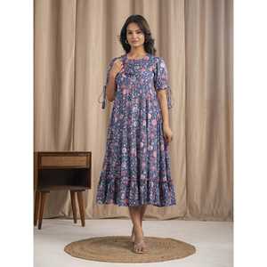 Vestido Boho de Algodón Mulmul Azul, Estampado a Mano, Cintura Imperio, Transpirable y Elegante - Product Image 6