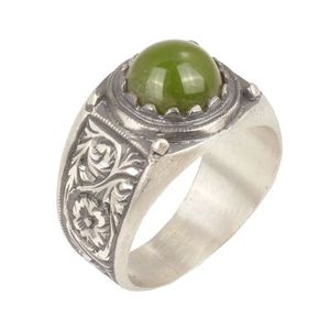 Anillo de Plata de Ley 925 para Hombre con Piedra de Ámbar Verde Prensado, Diseño de Pluma Hecho a Mano, Uso Diario, Turquesa, Rodio, Certificado IGI - Product Image 1