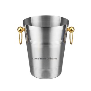 New Stainless Steel Silver Color Metal Heavy Duty <b>Ice</b> Bucket Hammered Design With Gold Color Handle Brass Casted Tabletop Bucket - Product Image 6