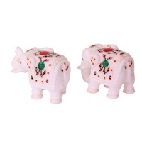 Paire d'éléphants en marbre blanc poli de qualité supérieure, 3 pouces, avec incrustation de cornaline, figurines d'animaux artisanales imitation antique, pour la maison