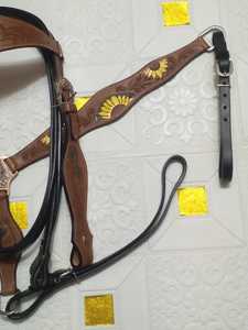 Bel ensemble de matériel d'équitation saisonnier en cuir véritable léger avec têtière usinée et plaque de poitrine - Product Image 2