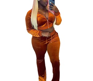 Conjuntos de dos piezas de terciopelo de alta calidad con logotipo personalizado OEM para mujer, sudaderas con capucha recortadas, pantalones de chándal, sudadera con capucha y cremallera, pantalón acampanado, chándal - Product Image 4