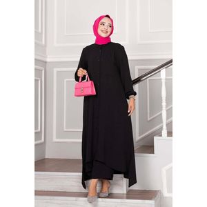 Traje de niño de 2 piezas Aerobin con botón en el cuello Conjunto de hiyab de tela negra - Product Image 1