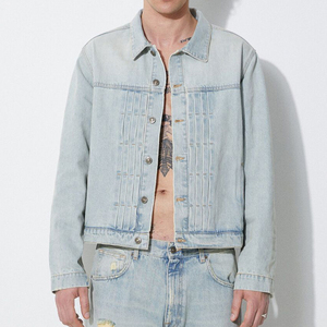 Denim Leather <b>Varsity</b> <b>Jacket</b> for Men Stand Collar Front Logo <b>Vintage</b> Style Hooded High Quality Wholesale Price Pakistani Made - Product Image 1