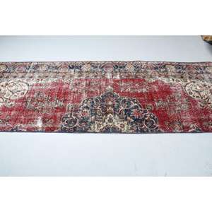 Turkish Vintage Rug 3x8.4 ft, <b>Red</b> <b>Runner</b> Floral Wool Rug - Product Image 4