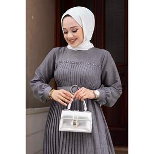 Stone Detailed Vestido Hijab Plisado Gris - Product Image 1