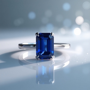 Anillo solitario de zafiro azul corte esmeralda Platino, joyería fina personalizada clásica, anillo de compromiso de lujo - Product Image 1