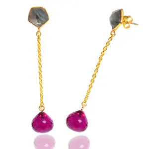 High Quality 925 Sterling Silver High Quality Labradorite with Pink Fancy Chain Earring Charming Earrings