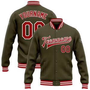 Directo industria venta al por mayor casual invierno personalizado Oliva rojo-blanco bombardero Full-Snap Varsity Letterman Salute To Service chaqueta - Product Image 1