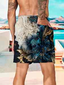 กางเกงขาสั้นชายหาดสุดเท่สำหรับผู้ชาย ลายพิมพ์ดอกไม้สีน้ำเงินและสีทองสุดโดดเด่น เหมาะสำหรับงานปาร์ตี้ริมสระน้ำช่วงวันหยุดฤดูร้อน - Product Image 6