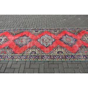 4.6x12.8 ft Vintage Rug, <b>Red</b> Check Turkish Rug <b>Wool</b> - Product Image 3