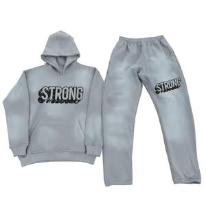 Hot Sale Training Wear Tracksuit Sets Acid <b>Wash</b> Gray Color Hoodie Stacked Pants Sweat Suits for Men With Screen Printed Logo - Product Image 1