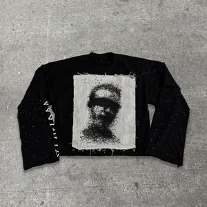 T-shirt à manches longues en strass pour homme, style streetwear personnalisé, vintage, ourlet brut, effet superposé, en coton épais 100% - Product Image 4