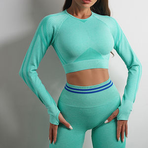Ensembles 2 pièces de yoga décontracté pour femmes manches longues côtelé taille haute respirant pêche hanche sport ensembles de yoga - Product Image 3