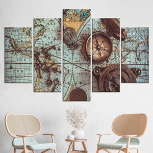 Impression sur toile de carte du monde antique : Art mural avec boussole en laiton, lot de 5 toiles assorties - Product Image 1