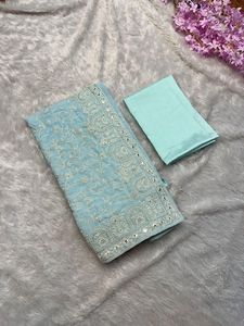 Élégant lourd concepteur Bollywood Georgette bleu ciel sari pour fête de mariage porter avec fantaisie élégant Blouse la plus vendue pour les femmes - Product Image 4