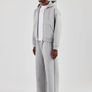 Men's Gray Hooded Tracksuit Full <b>Zip</b> Sweatshirt and Pants Set Casual Loose Fit Solid Color 100% Cotton Autumn Wear - Product Image 5