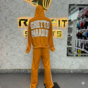 Survêtement à capuche orange avec fermeture éclair intégrale, imprimé lettres, streetwear unisexe adulte, automne, coton, coupe ample, poches latérales - Product Image 4