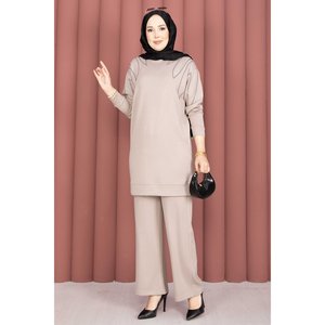 Ensemble deux pièces décontracté beige pour femme : tunique et pantalon avec détails ornés de pierres sur les épaules, taille XS - Product Image 3