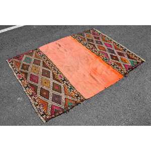 Traditional Turkish Rug 3.8 X 5.3 Orange <b>Brown</b> Handmade Patchwork Design Viscose <b>Wool</b> Latex for Teen Bedside Hallway 3.8 X 5.3 - Product Image 3