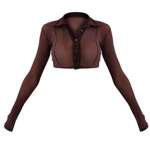 Women's Button-Down Transparent Short <b>Crop</b> Shirts with <b>Long</b> <b>Sleeves</b> & Turn down Collar Sheer <b>Mesh</b> Design Open Button Look - Product Image 5