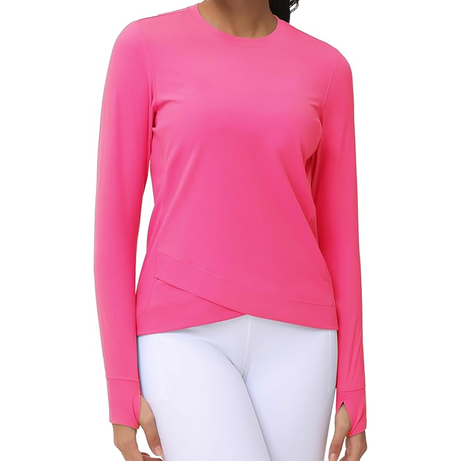 Women's Long Sleeve Compression Shirts Workout Tops Quick Dry Cross Hem Athletic Running Yoga Shirts with Thumb Holes Activewear