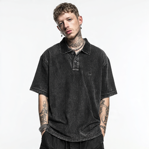 Stone Wash Goutte Épaule Polo T Shirt Hommes Acid Was Oversize Polos Hommes Streetwear Lavé Polo Hommes - Product Image 4