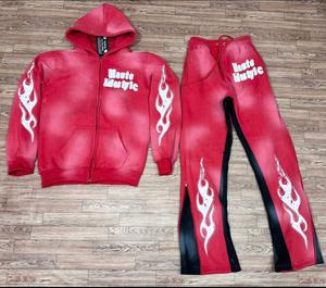 ชุดวอร์มล้างกรดโอเวอร์ไซส์ของผู้ชายชุดเสื้อมีฮู้ดและกางเกงขาบานแบบย้อนยุค - Product Image 4