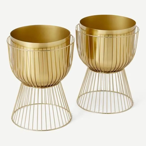 Decorative <b>planter</b> with <b>gold</b> metal pot and wire stand great for any neutral or earth tone interiors - Product Image 1