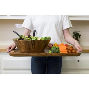 Plateau de service et organisateur en bois massif de luxe avec poignées métalliques, finition grain naturel, pour table à manger, table basse, cuisine, décoration intérieure - Product Image 6