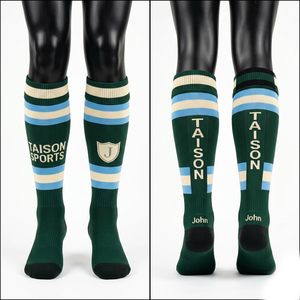 Mens Rugby <b>Socks</b> Premium 200 GSM Cotton Polyester Blend Breathable Navy Yellow Striped Panel Design Custom Knit Logo - Product Image 2