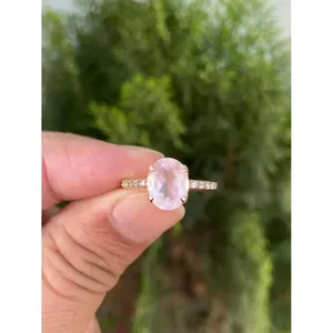 925 Silver Oval Cut Rose <b>Quartz</b> <b>Ring</b> Romantic Gemstone Engagement Rhodium Plated Set with Natural Stone Inlaid with Diamond - Product Image 1