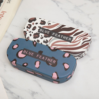 Kotak Kacamata Cangkang Keras Motif Leopard Trendy Bulu Biru, Pelindung Kacamata, Tempat Kacamata Kustom