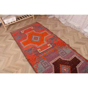 3.1x10.7 ft Vintage <b>Rug</b>, Turkish <b>Runner</b> <b>Rug</b>, Orange Gray Animal Print Wool <b>Rug</b> - Product Image 4