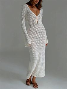Abito lungo estivo da donna elegante e casual in maglia con scollo a V, silhouette a sirena, maniche lunghe, traspirante e alla moda - Product Image 2