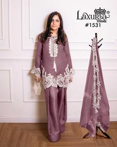 Glamorosa túnica Vichitra Shalwar Kameez con mangas bordadas pesadas y Farsi Salwar con Organza Dupatta L a XXL - Product Image 2