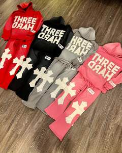 Conjunto de pantalones de chándal informales para todas las estaciones para hombre, conjunto de Sudadera con capucha de algodón acampanado recto S con bordado desgastado personalizado para estampado de hojaldre para Runnin - Product Image 2