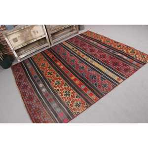 Tapis turc 5,6 x 6,7 pieds, tapis vintage, tapis en laine rouge et noir à motifs floraux - Product Image 3