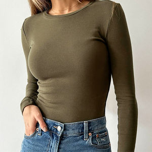 Camiseta de Punto Elástica Transpirable de Manga Larga con Cuello Redondo y Botones para Mujer, Talla Grande, Ajustada, Informal, para Combinar - Product Image 1