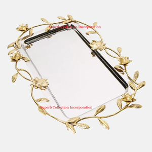 Plateau en métal martelé de la plus grande qualité avec poignée florale Plateau de service écologique pour décoration de table et collations pour fournitures d'hôtel - Product Image 3