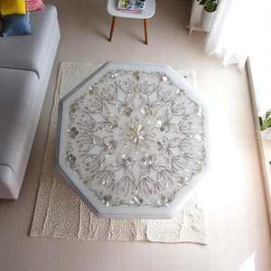Table basse octogonale en marbre blanc faite à la main avec un motif floral incrusté, art en nacre, pierre semi-précieuse - Product Image 3