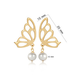 Boucles d'oreilles à clous rondes élégantes en perles simples, design papillon, plaquées or, anniversaire, fabrication turque, bijoux en argent sterling 925 - Product Image 5