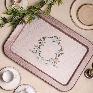 Plateau de service rectangulaire en métal moderne rose 310x430mm Plateau décoratif fantaisie en bois et verre - Product Image 4