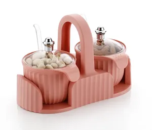 Boîte à fruits secs en plastique Cresta, plateau rond en plastique à 4 compartiments avec couvercles relevables, 4 cuillères, plateau antidérapant, multi-usages - Product Image 1
