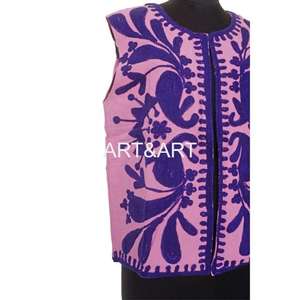 Indian <b>Women's</b> Pure Cotton O-Neck Short Winter Party Varsity Jacket Hand Embroidered Floral Suzani <b>Waistcoat</b> Autumn - Product Image 2